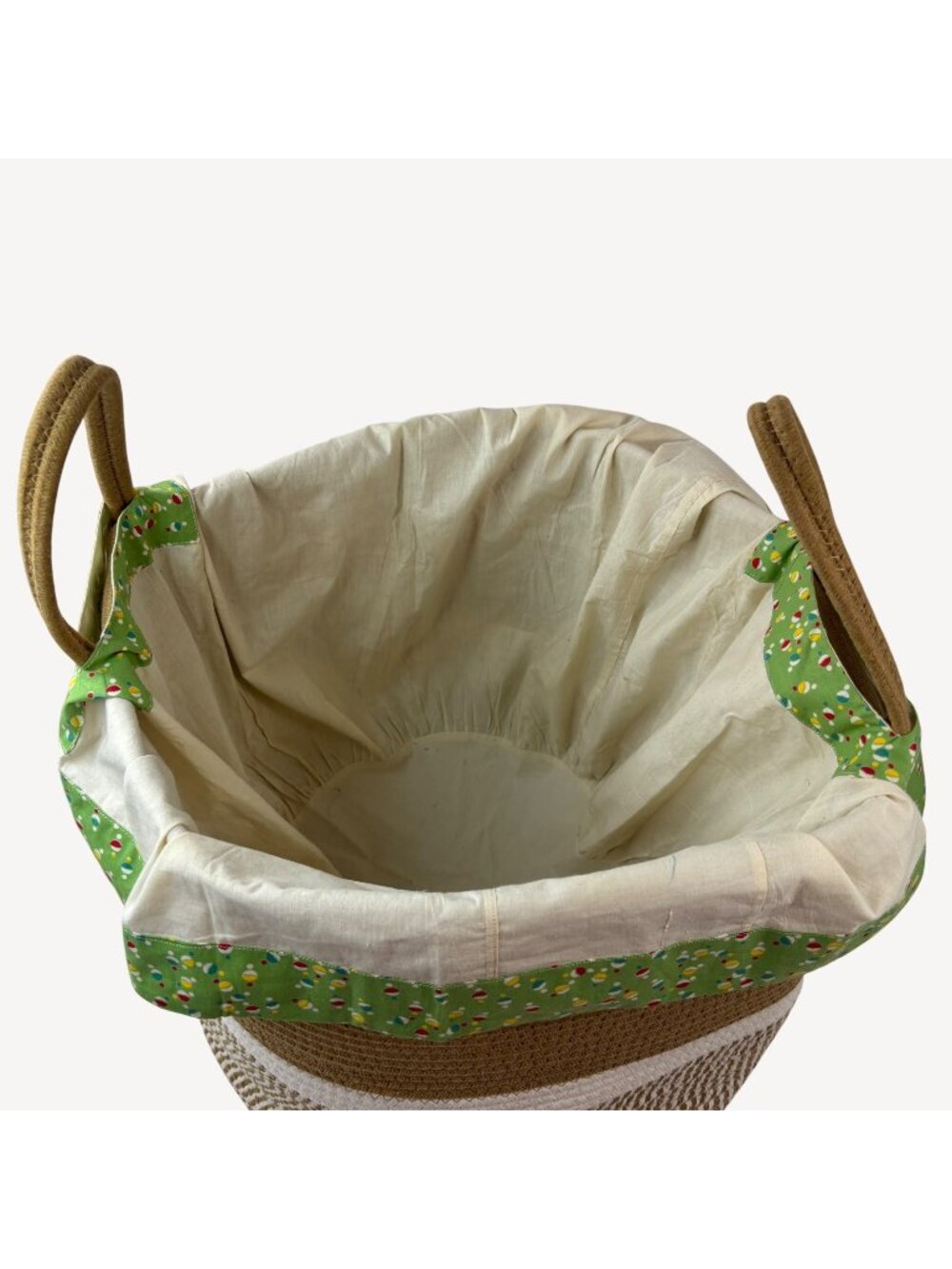 Vintage Foldable Cotton Basket Liner With Green Mushroom Print Trim & Pocket